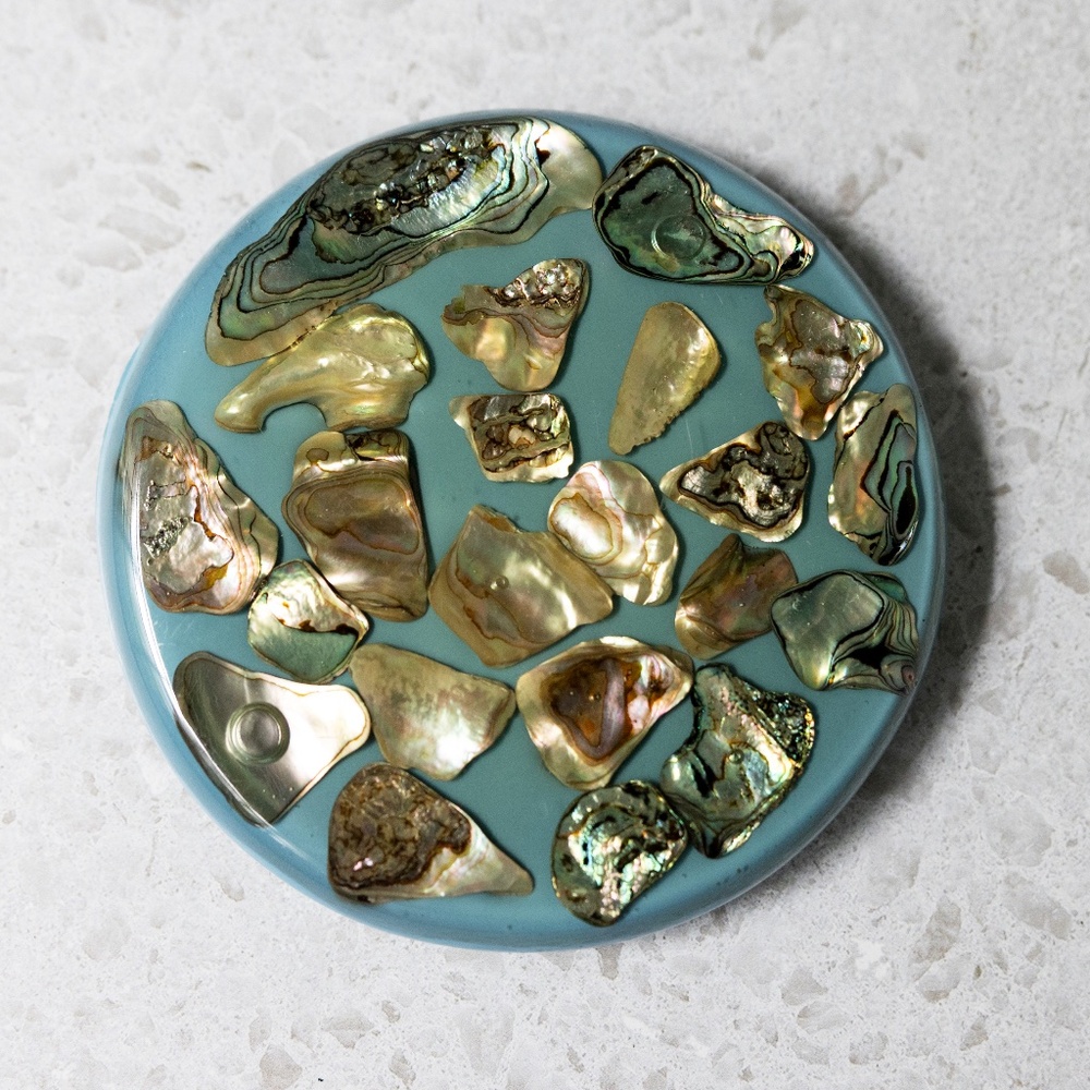 Lucite Resin Trivet Hot Plate Abalone Shell Mid Century Round 5 3/8" 1969 VTG